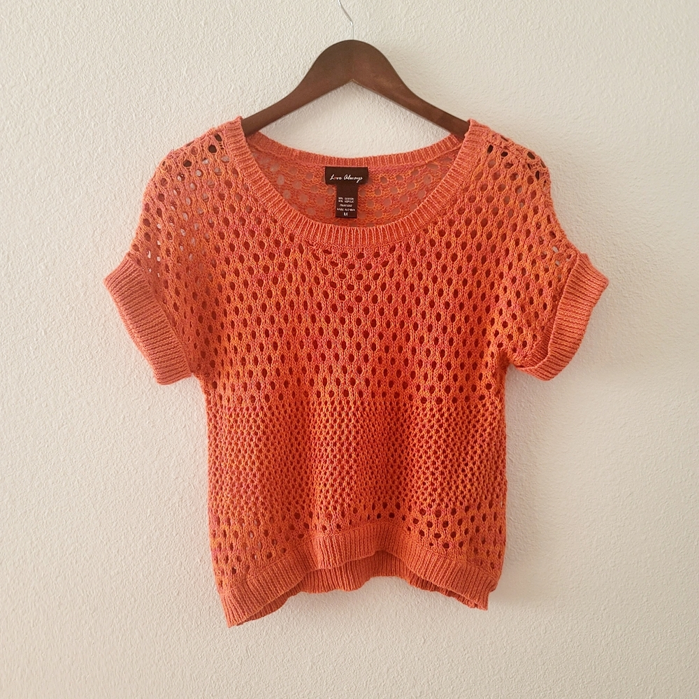 Love Always crochet top size M orange pink short sleeve sweater knit